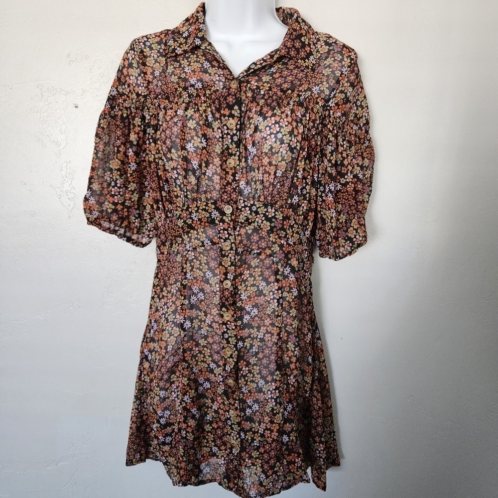 Free People Women's Small Black Retro Floral Chiffon Mini Dress Short Sleeve Top
